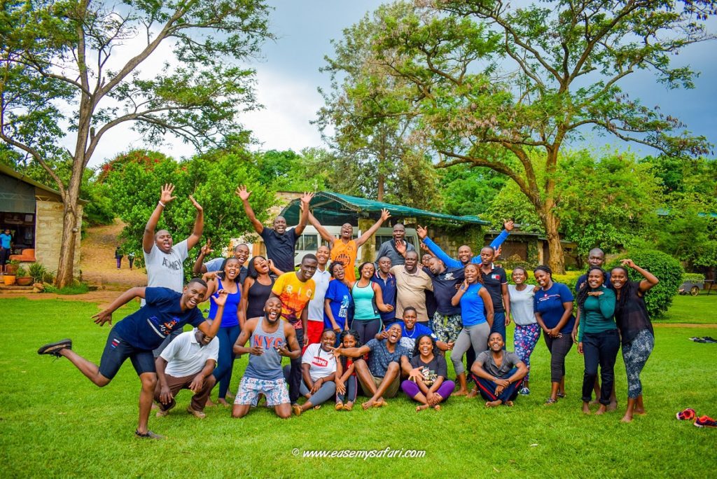 Business team participating in outdoor team building activities